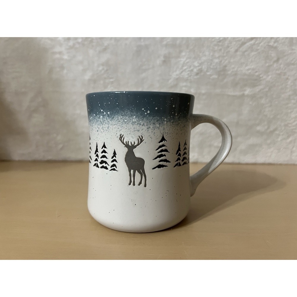Peppermint & Pine Speckled Deer & Pine Trees Mug Blue/Gray Ombre Stoneware